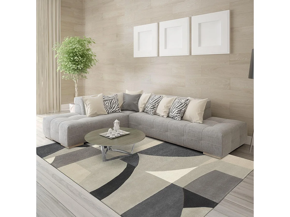 tapis grand salon 250x350 fait à la main en laine gris motif géométrique