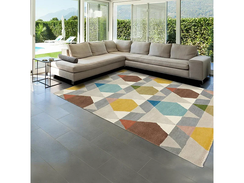 tapis entrée 140x200 tissé en laine gris et jaune rectangle motif géométrique