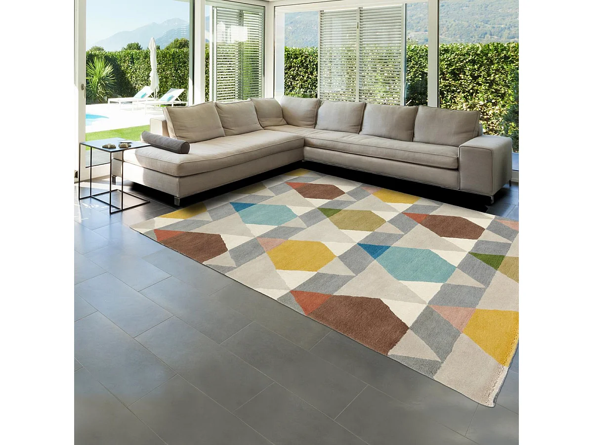 tappeto da ingresso 140x200 tessuto in lana grigia e gialla con motivo geometrico rettangolare