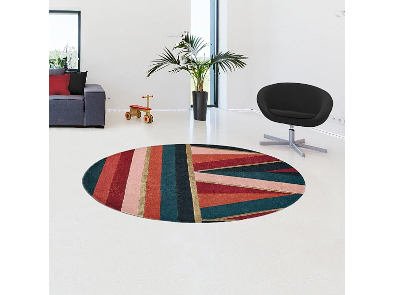 Tapis rond Ø200cm fait à la main en laine motif géométrique pour salon
