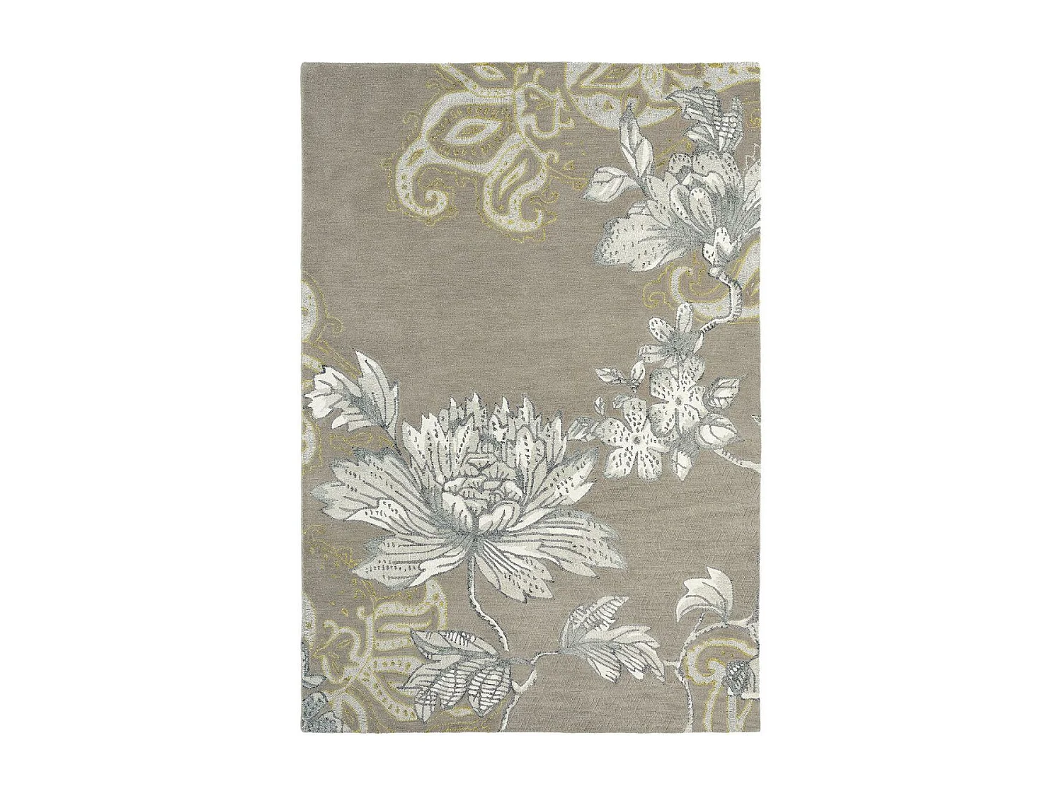 tapis salon 170x240 fait à la main en laine gris et crème rectangle motif floral