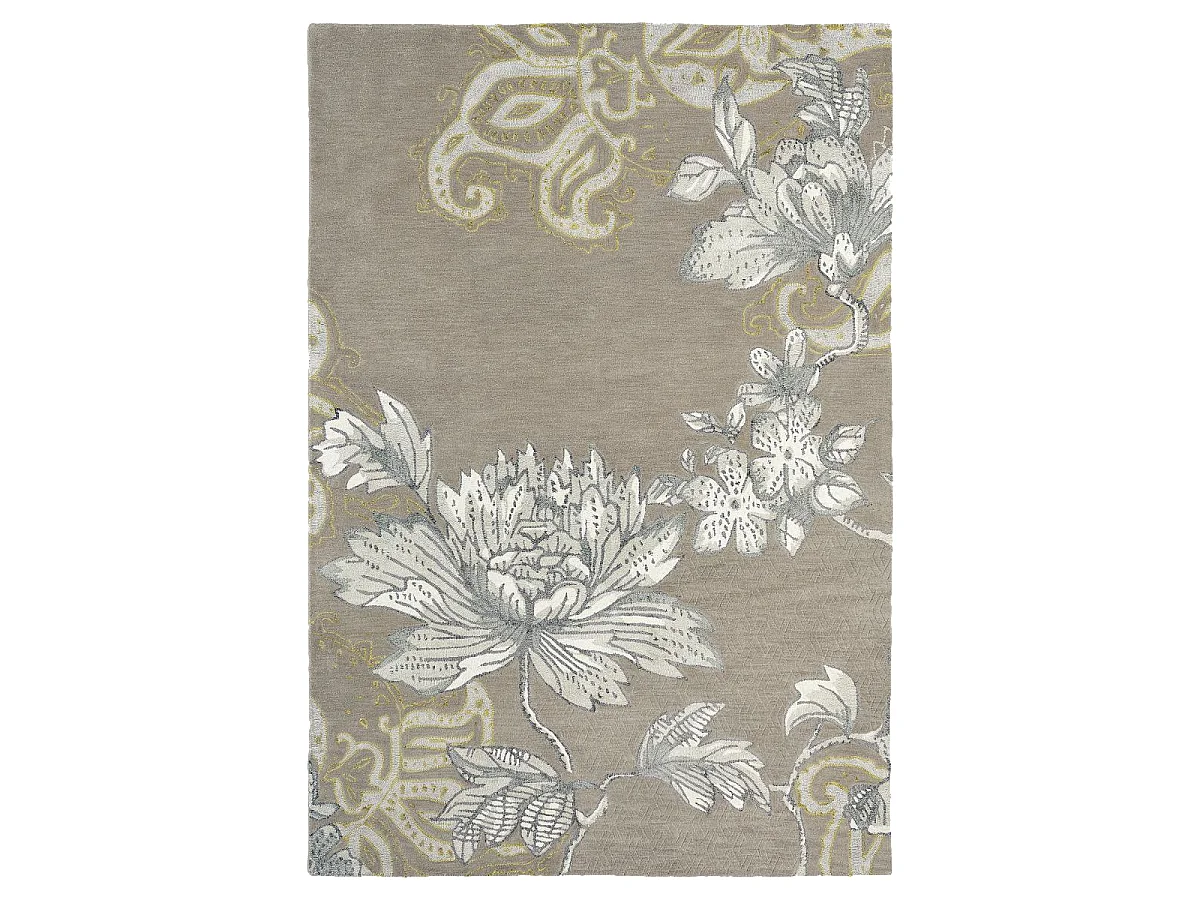 tapis salon 170x240 fait à la main en laine gris et crème rectangle motif floral