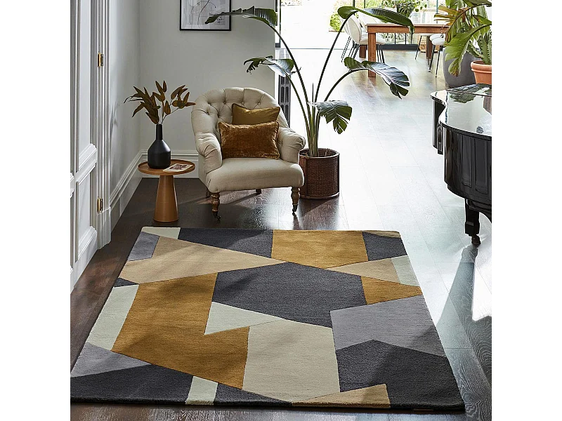 tapis salon 200x280 fait à la main en laine gris et crème motif géométrique