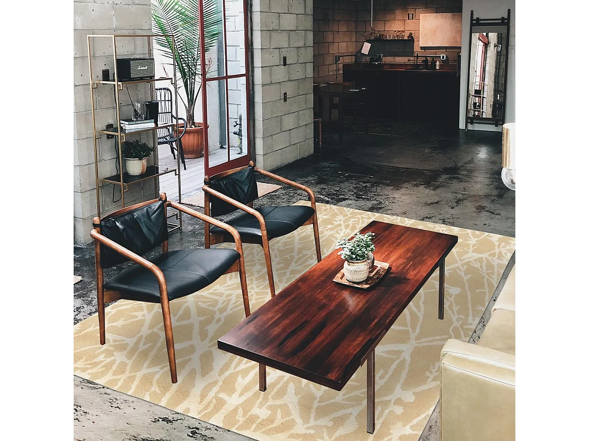 tapis salon 140x200 fait main en laine beige et blanc rectangle motif abstrait