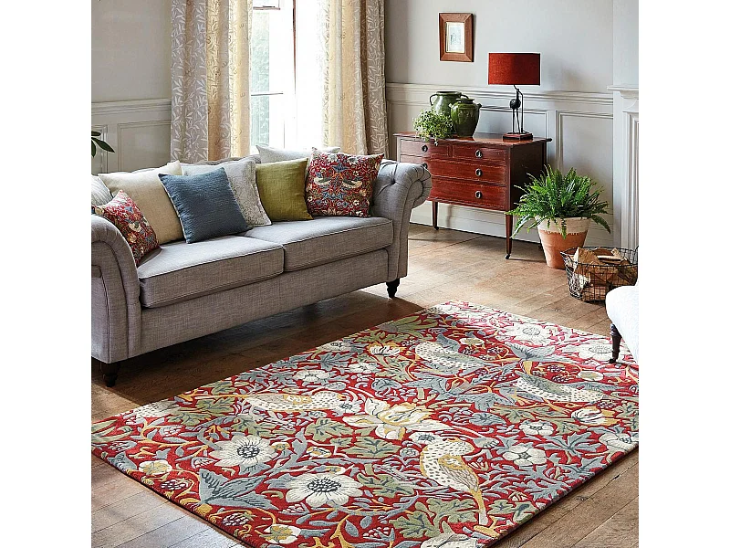 tapis chambre 170x240 fait à la main en laine rouge et bleu motif floral