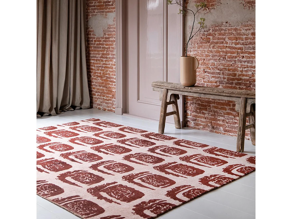 tapis chambre 200x280 fait à la main en coton rouge rectangle motif abstrait