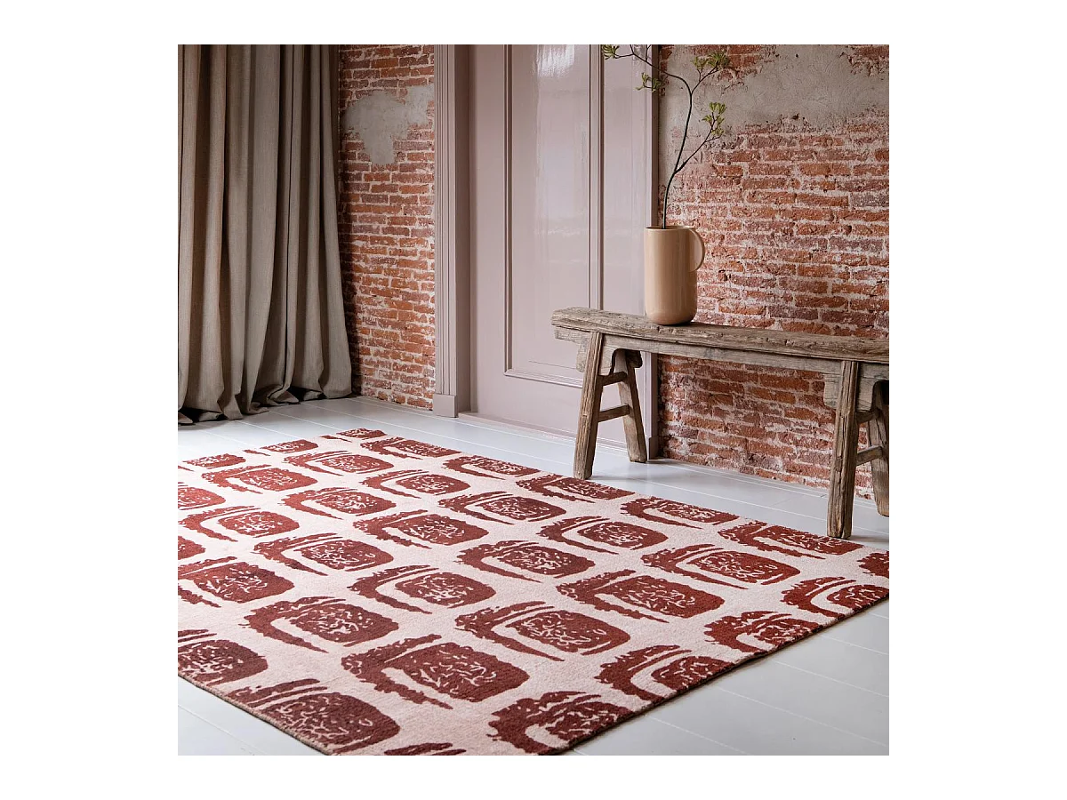tapis chambre 200x280 fait à la main en coton rouge rectangle motif abstrait