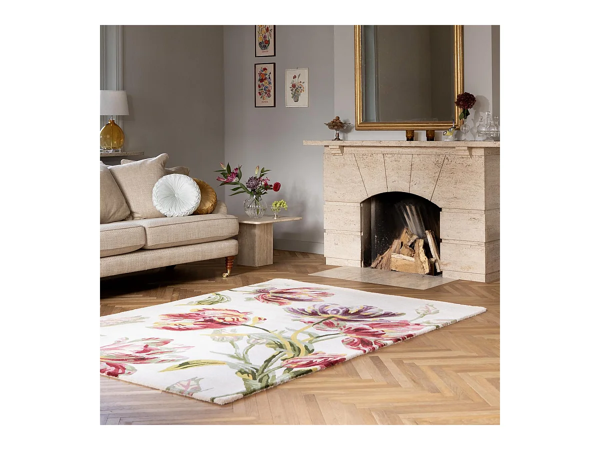 tapis chambre 140x200 fait main en laine crème et vert rectangle motif floral