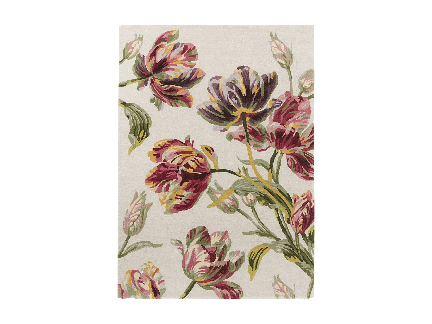 tapis chambre 140x200 fait main en laine crème et vert rectangle motif floral