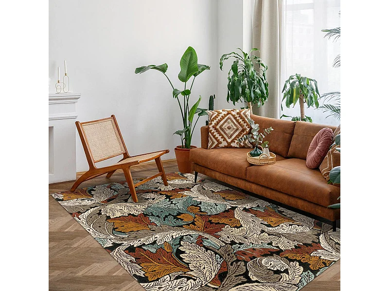 tapis chambre 170x240 fait à la main en laine beige et marron motif floral