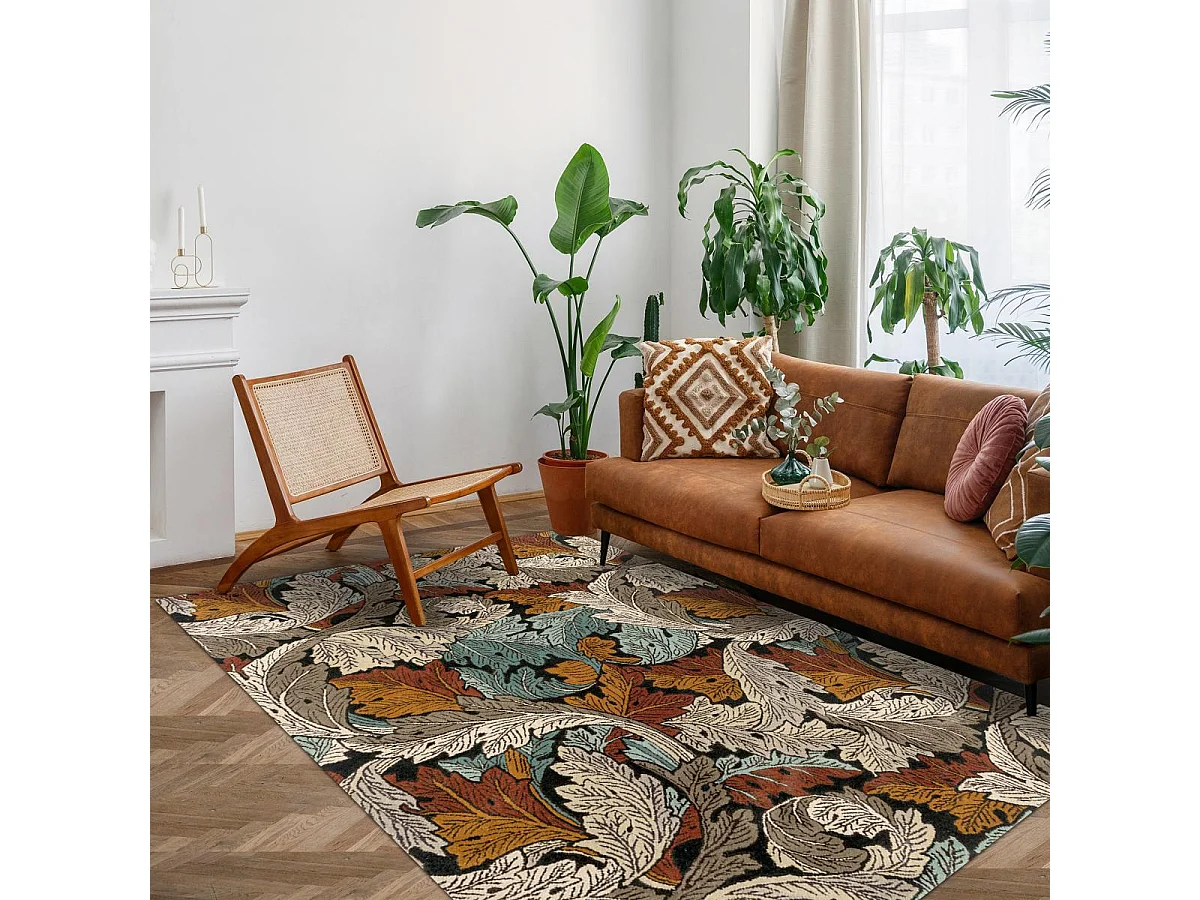 tapis chambre 170x240 fait à la main en laine beige et marron motif floral