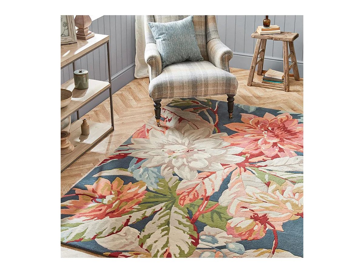 tapis chambre 170x240 fait à la main en laine bleu et orange motif floral