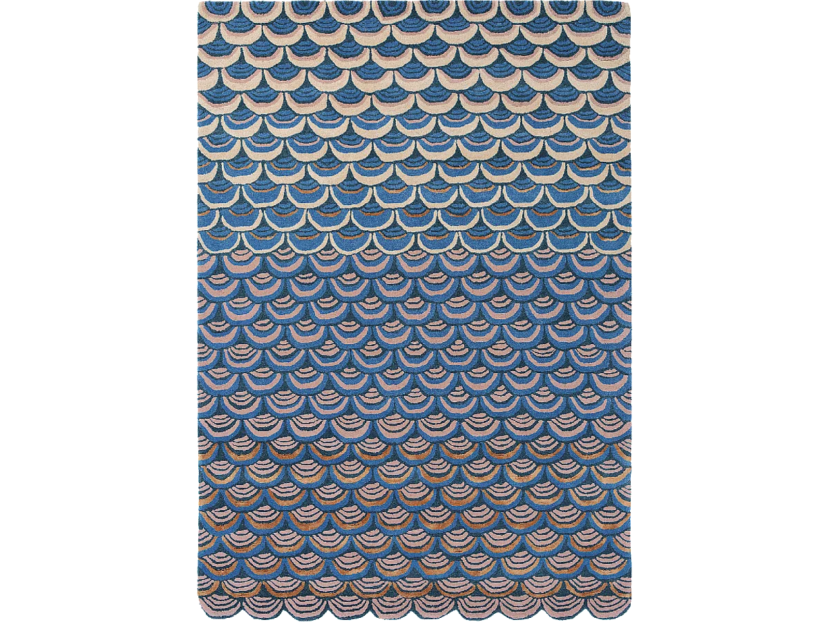 tapis entrée 140x200 fait à la main en laine bleu et rose motif géométrique
