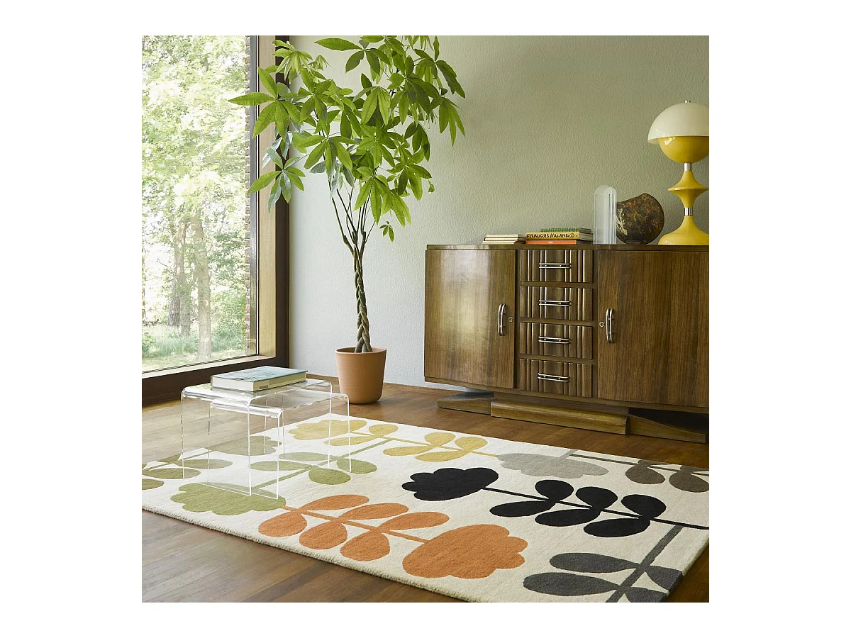 tapis entrée 120x180 fait à la main en laine beige et vert motif seventies