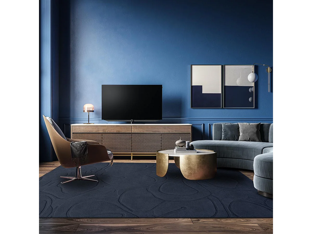 tapis entrée 140x200 fait à la main en laine bleu foncé motif faux uni