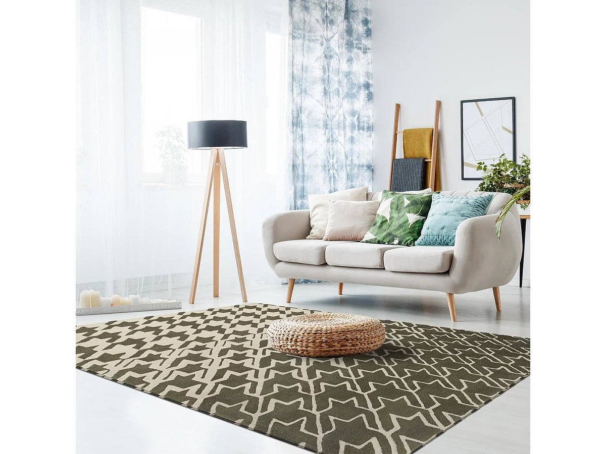 tapis chambre 200x280 fait à la main en laine gris rectangle motif géométrique