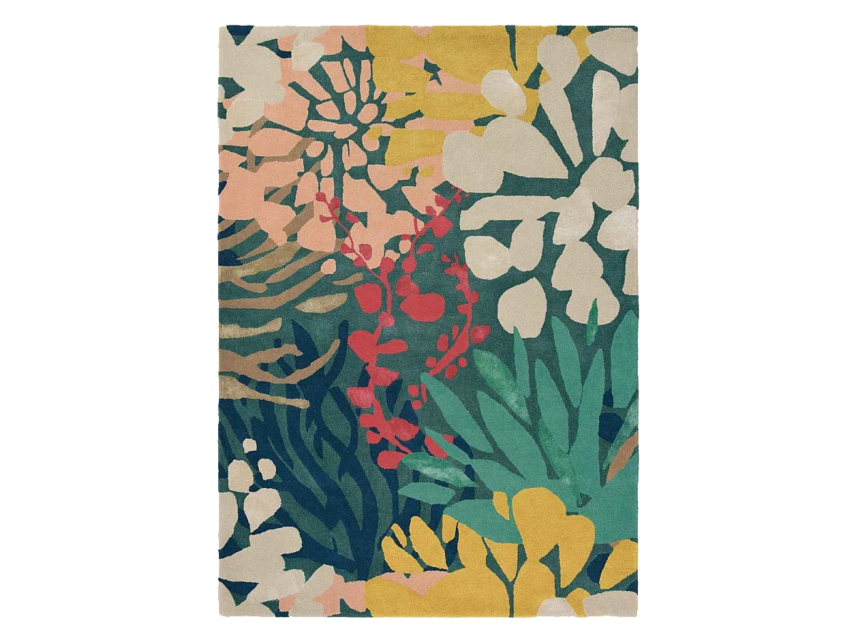 tapis chambre 160x230 tissé en laine vert et jaune rectangle motif floral