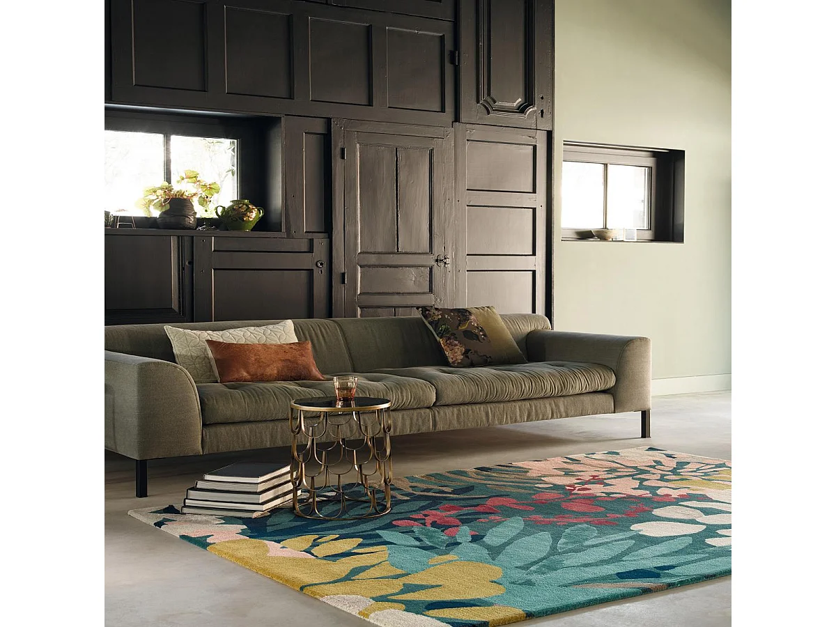 tapis chambre 160x230 tissé en laine vert et jaune rectangle motif floral