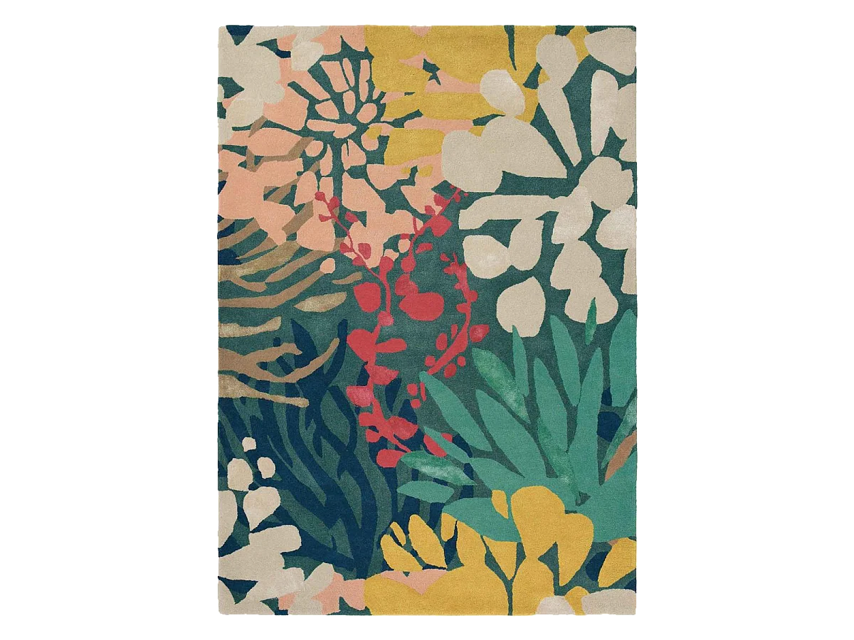 tapis chambre 160x230 tissé en laine vert et jaune rectangle motif floral