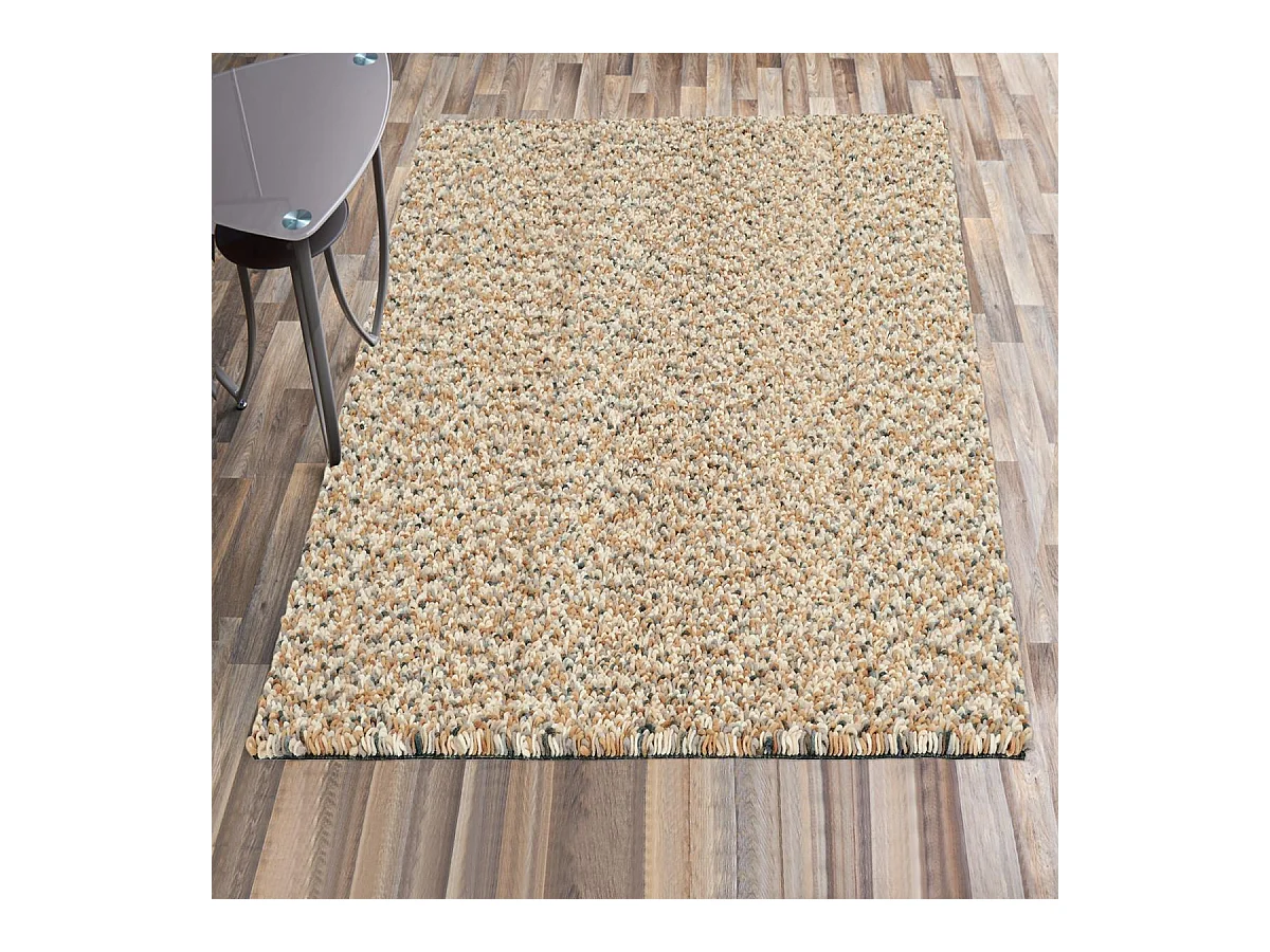 Tapis longs poils shaggy 140x200 rectangle tissé beige et bleu en laine