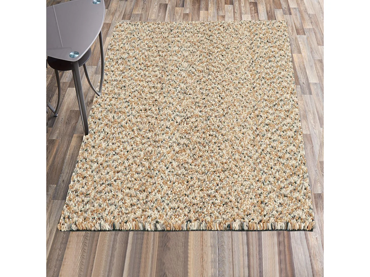 Tapis longs poils shaggy 140x200 rectangle tissé beige et bleu en laine