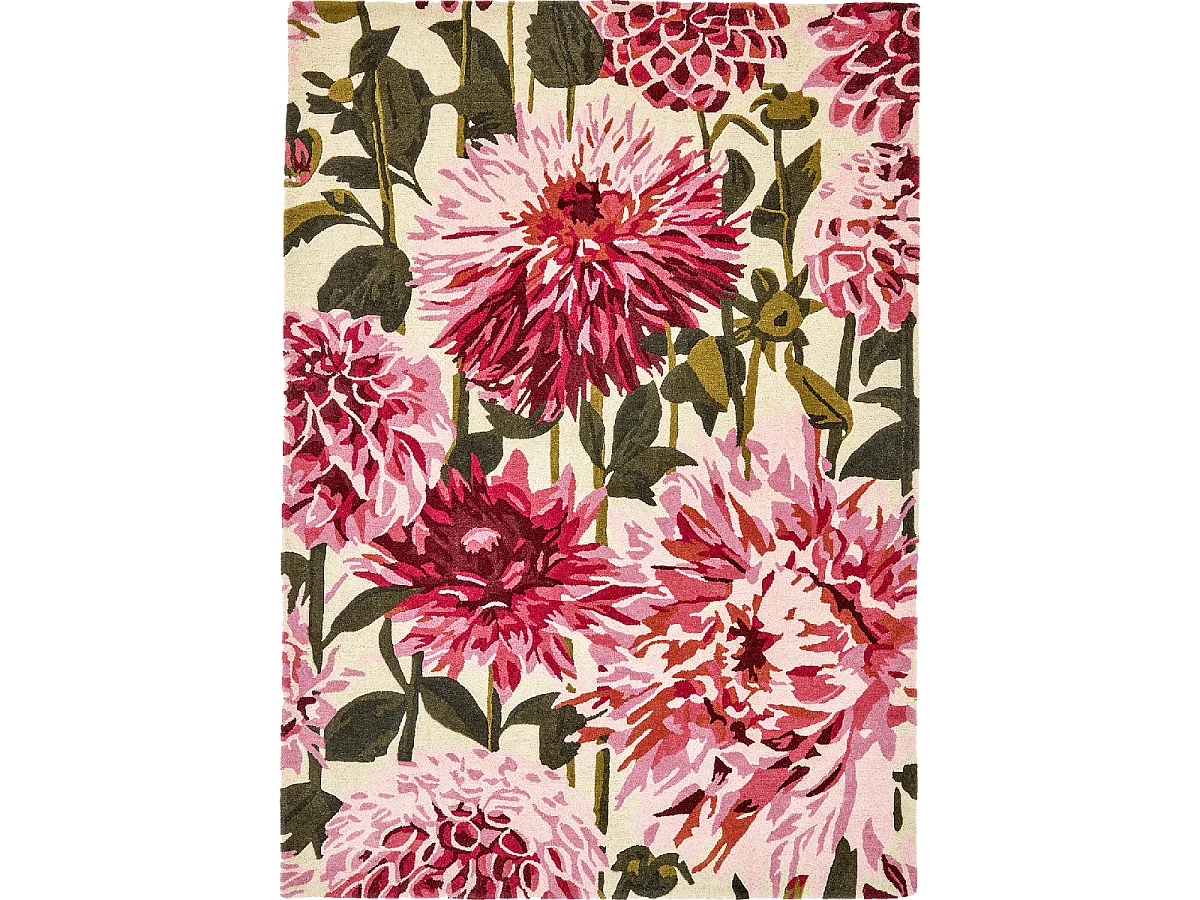 tapis chambre 170x240 fait à la main en laine rose et vert motif floral