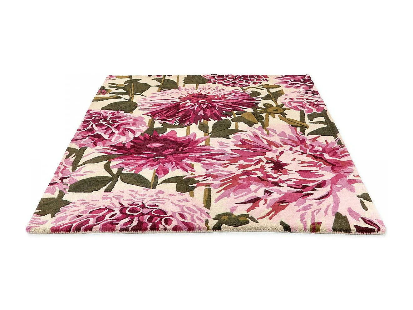 tapis chambre 170x240 fait à la main en laine rose et vert motif floral