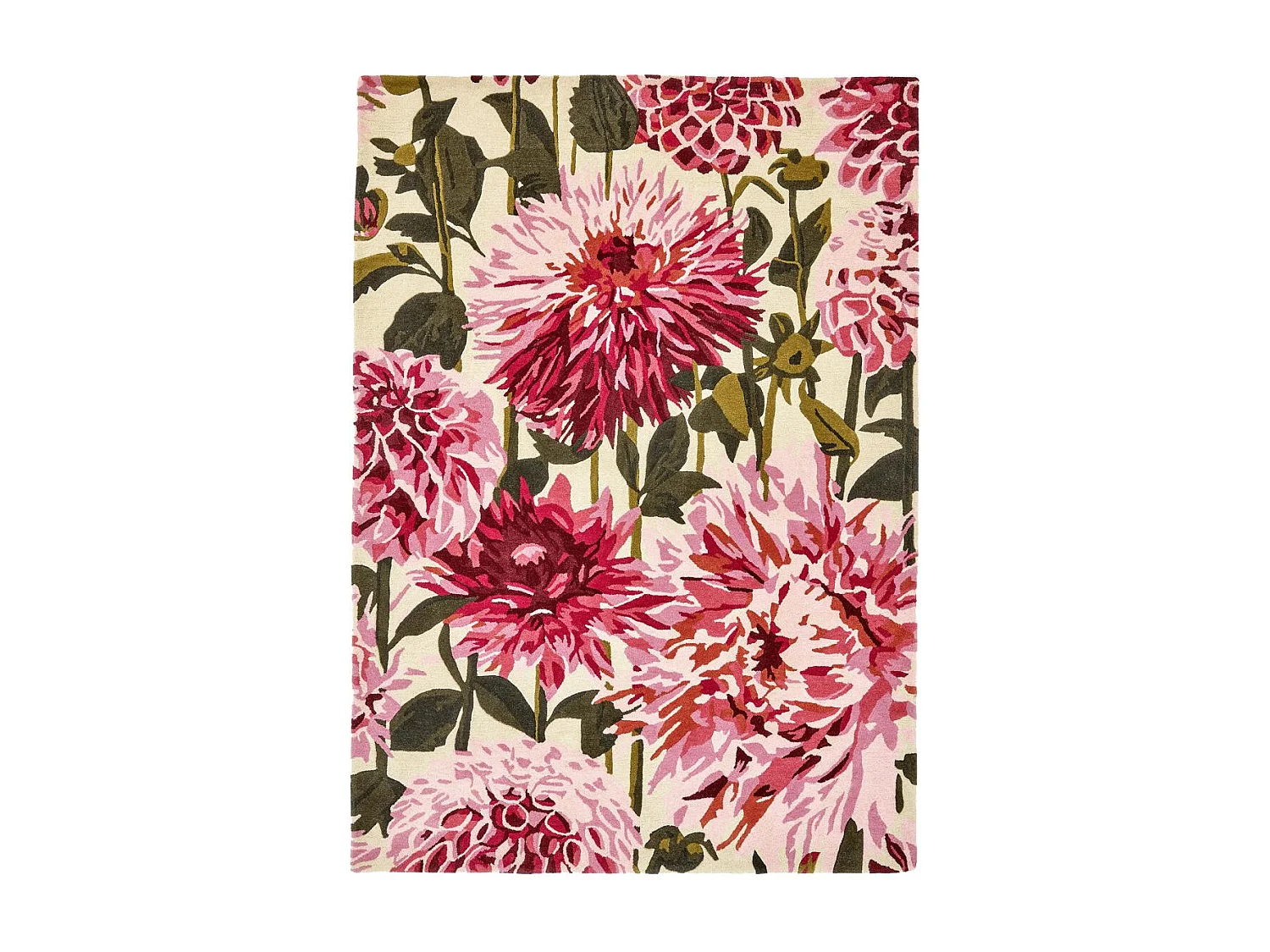 tapis chambre 170x240 fait à la main en laine rose et vert motif floral