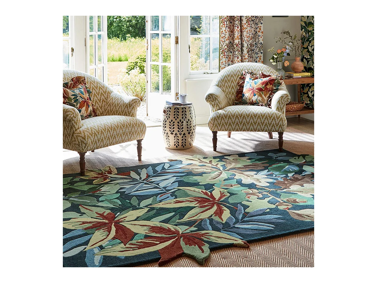 tapis grand salon 250x350 fait main en laine vert et bleu rectangle motif floral
