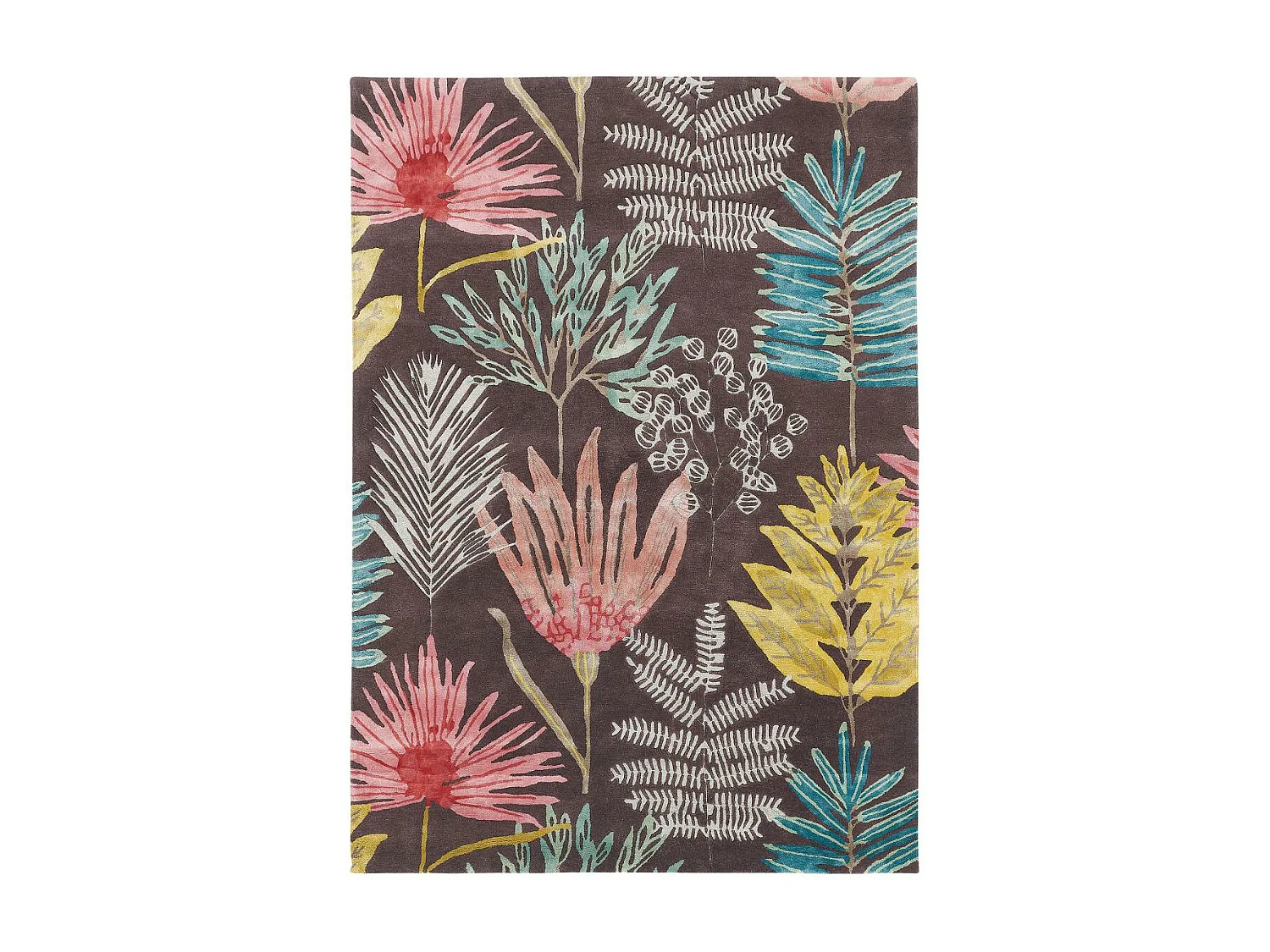 tapis grand salon 250x350 fait à la main en laine marron et jaune motif floral