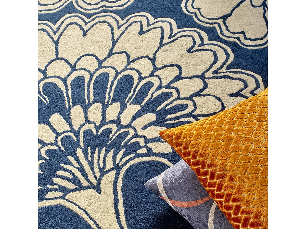 tapis chambre 200x280 fait à la main en laine bleu rectangle motif floral