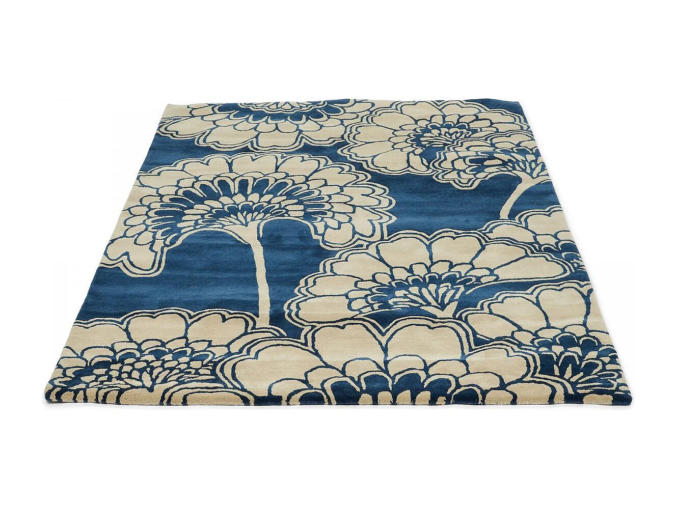 tapis chambre 200x280 fait à la main en laine bleu rectangle motif floral