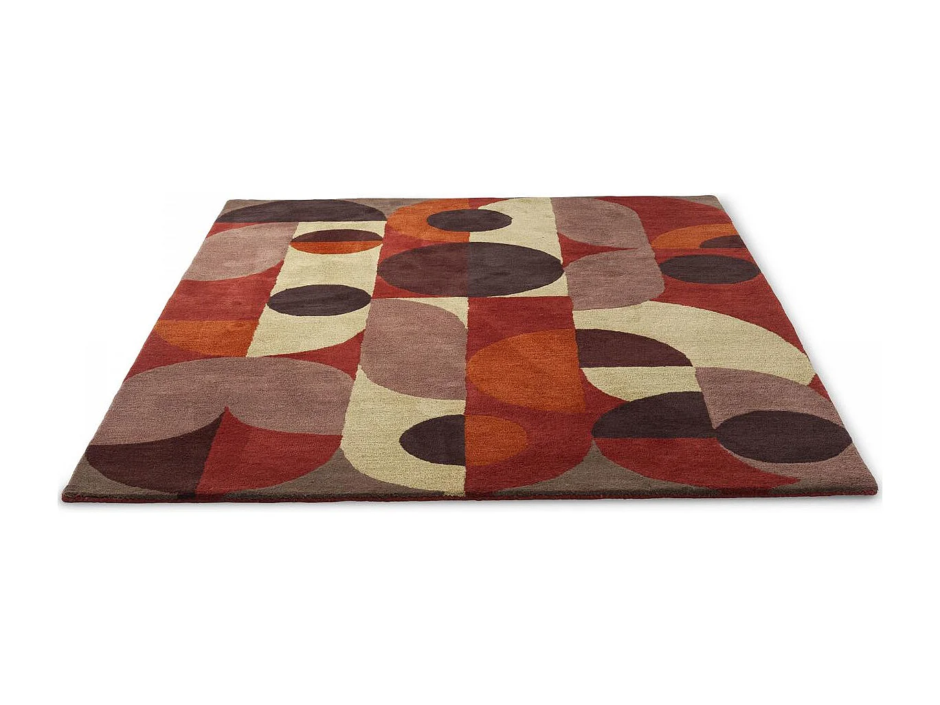 tapis grand salon 250x350 fait à la main en laine rouge et orange motif seventies
