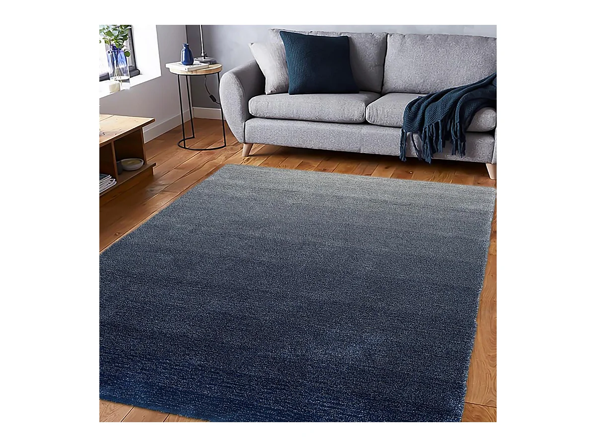 tapis salon 170x240 tufté en laine bleu et gris rectangle motif faux uni SHADELO