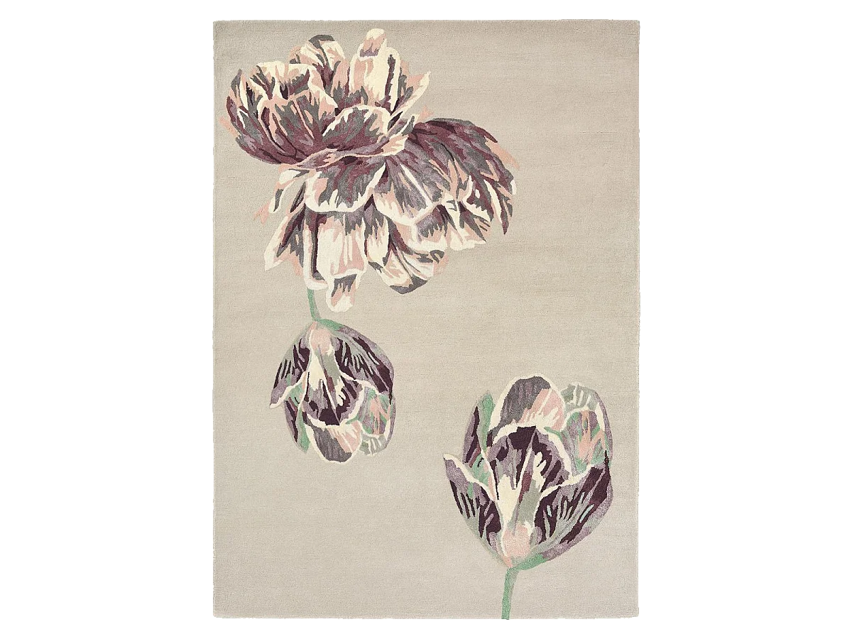 tapis chambre 170x240 fait à la main en laine beige et marron motif floral