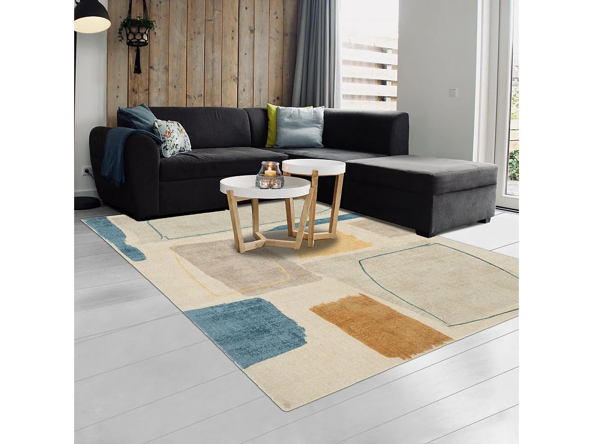 tapis chambre 200x280 fait à la main en laine beige et jaune motif abstrait