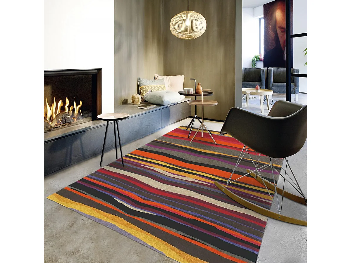 tapis salon 200x280 tissé en laine rouge et orange rectangle motif géométrique