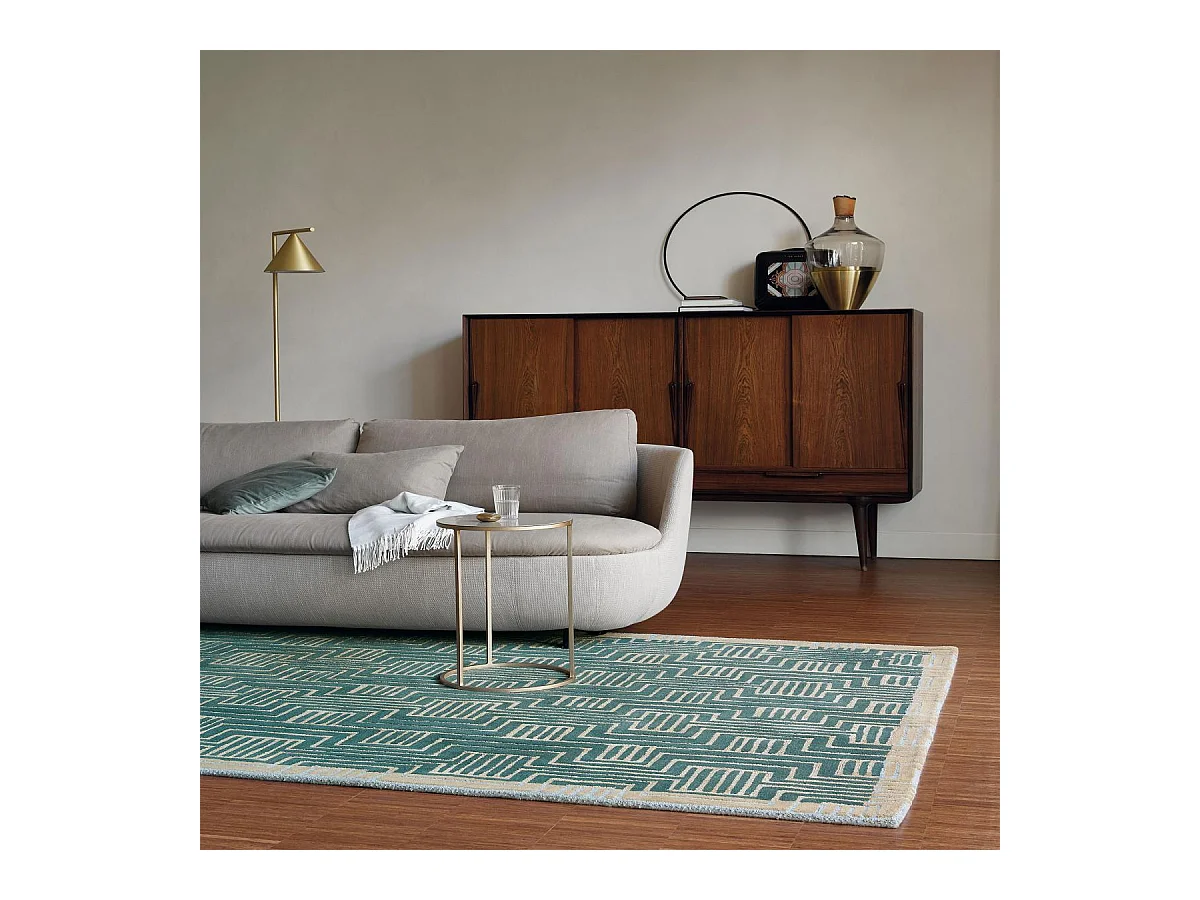 tapis salle à manger 250x350 fait à la main en laine vert et beige