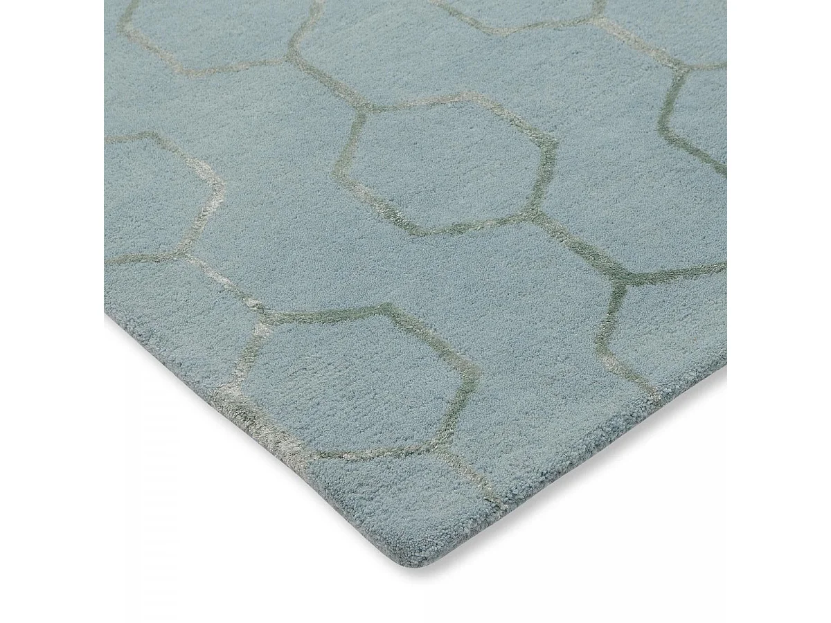 tapis entrée 120x180 fait à la main en laine bleu et vert rectangle motif faux uni