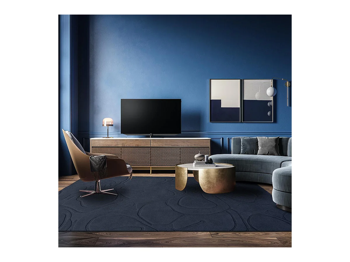 tapis grand salon 250x350 fait à la main en laine bleu foncé motif faux uni