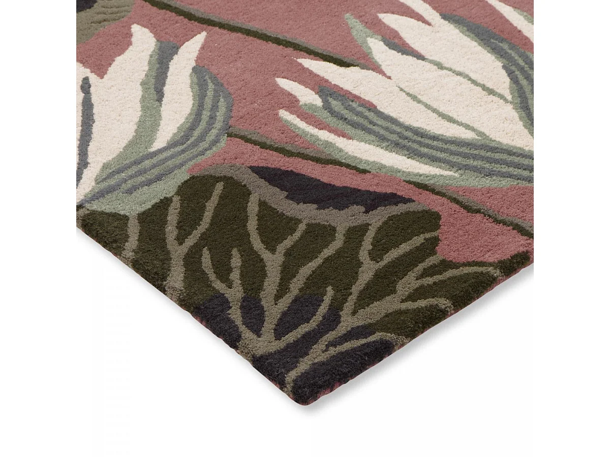 tapis entrée 120x180 fait à la main en laine rose et vert motif floral