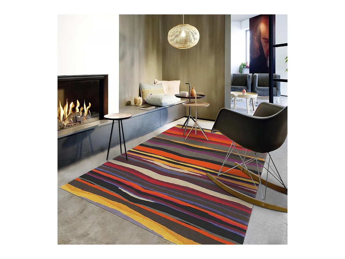 tapis chambre 160x230 tissé en laine rouge et orange rectangle motif géométrique
