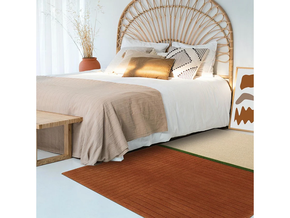 tapis grand salon 200x280 fait main en laine orange et vert motif simple