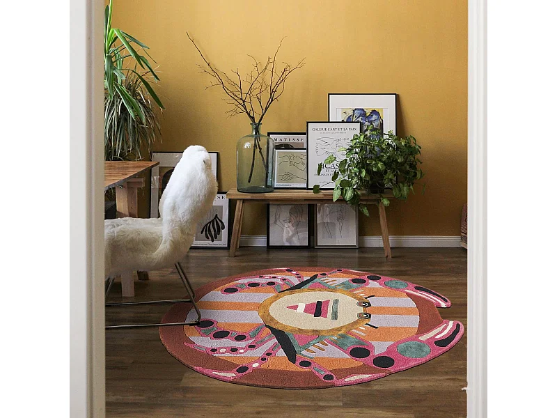 tapis entrée 100x100 fait à la main en laine multicolore motif fresque