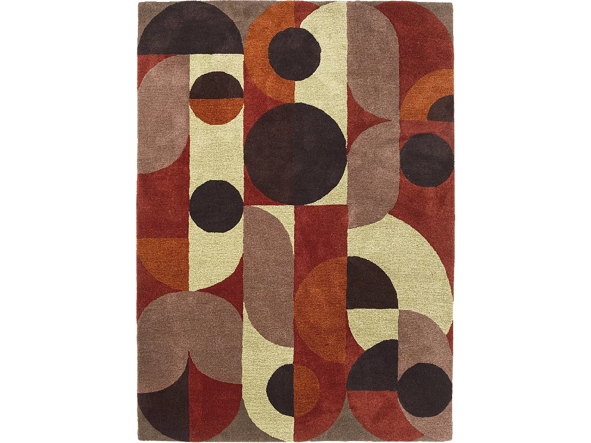 tapis open space 200x280 fait à la main en laine rouge et orange motif seventies