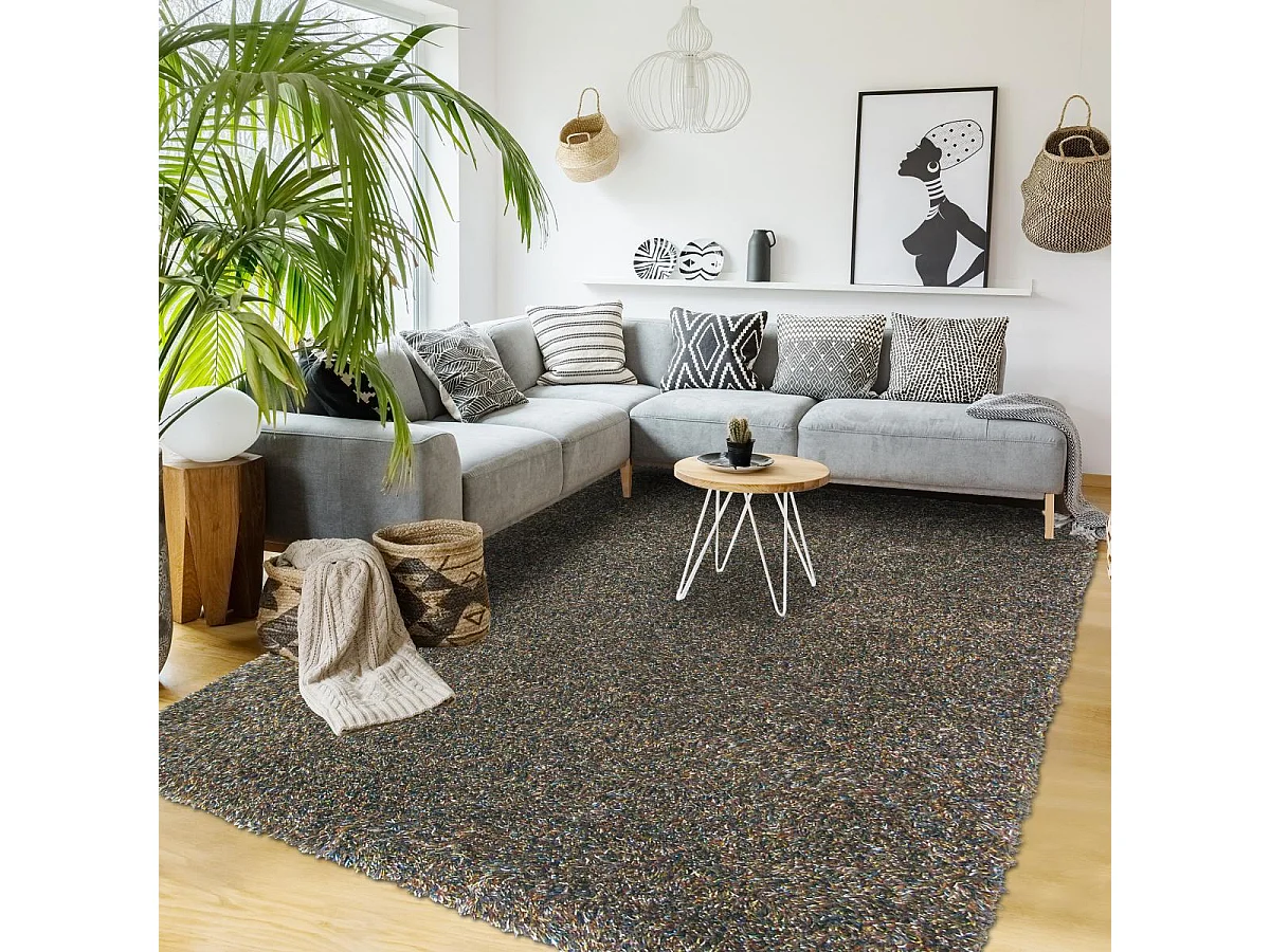 Tapis shaggy 140x200 rectangle tufté moutarde et marron en laine motif faux uni