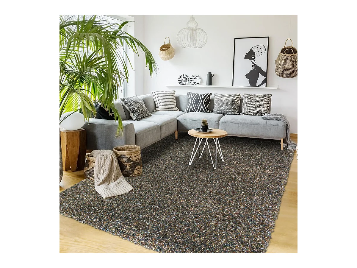 Tapis shaggy 140x200 rectangle tufté moutarde et marron en laine motif faux uni