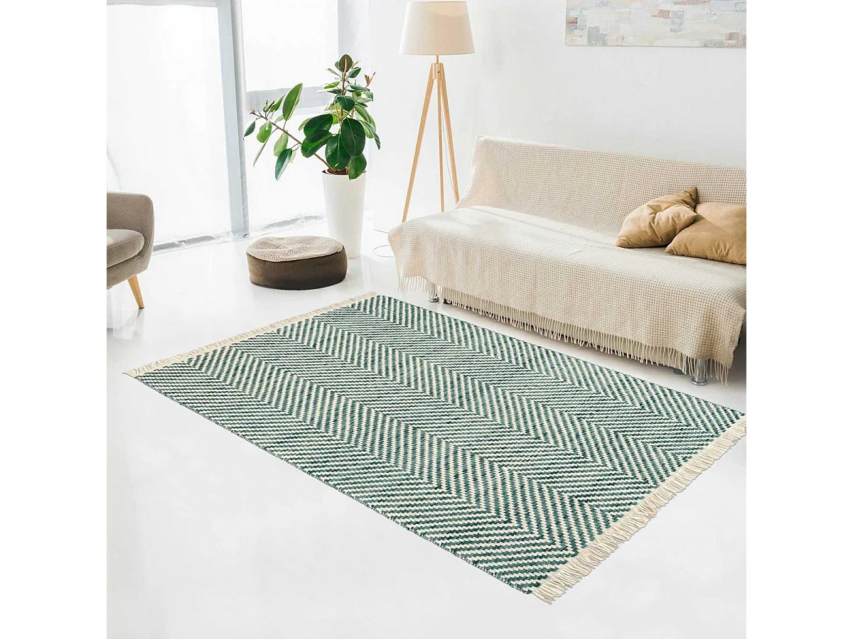 Tapis kilim 250x350 rectangle tissé en laine vert et beige motif simple TWILL