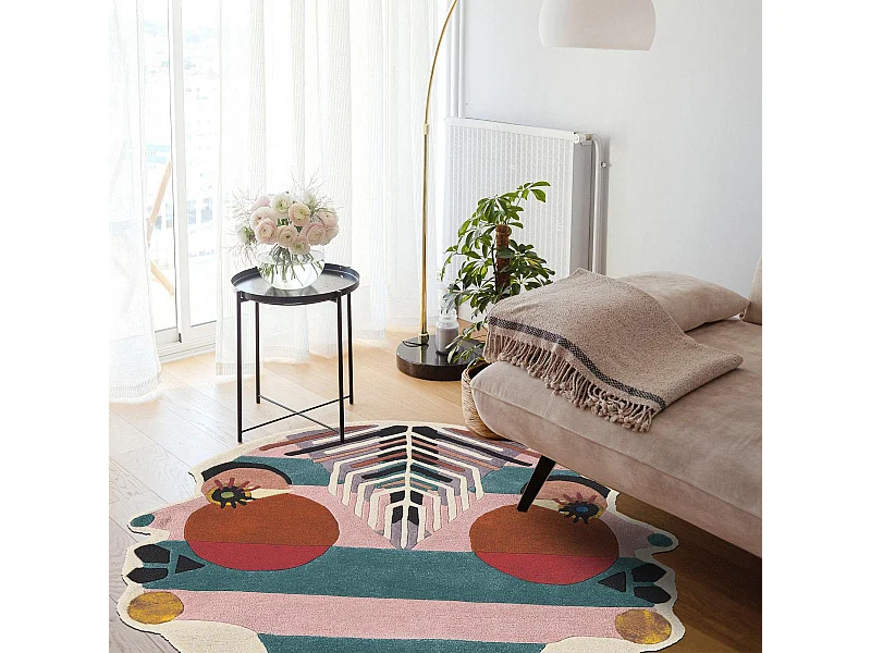 tapis open space 200x200 fait à la main en laine multicolore motif fresque