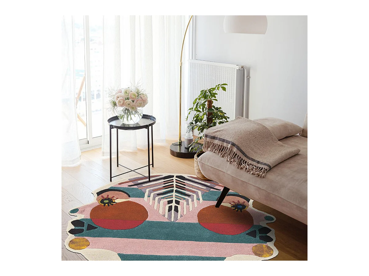 tapis open space 200x200 fait à la main en laine multicolore motif fresque
